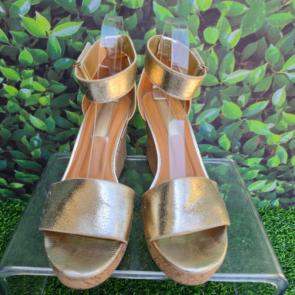 Franco Sarto Clemens Gold Metallic Cork Platform Wedge Sandals Size 7.5M
